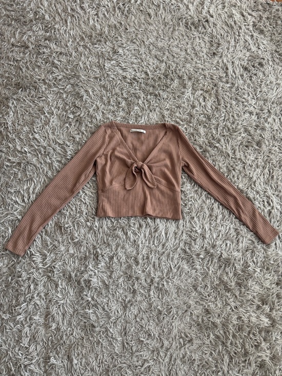 Abercrombie & Fitch Brown Ribbed Knot Front Long Sleeve Top - Picture 2 of 7